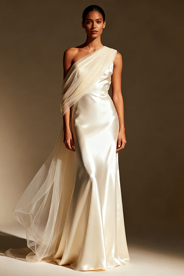 White One Shoulder Satin Mermaid Long Evening Dress